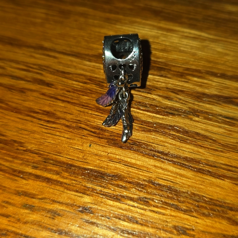 Beautiful heart pendant w/center purple stone & various stones! Feathers danging - Picture 3 of 4